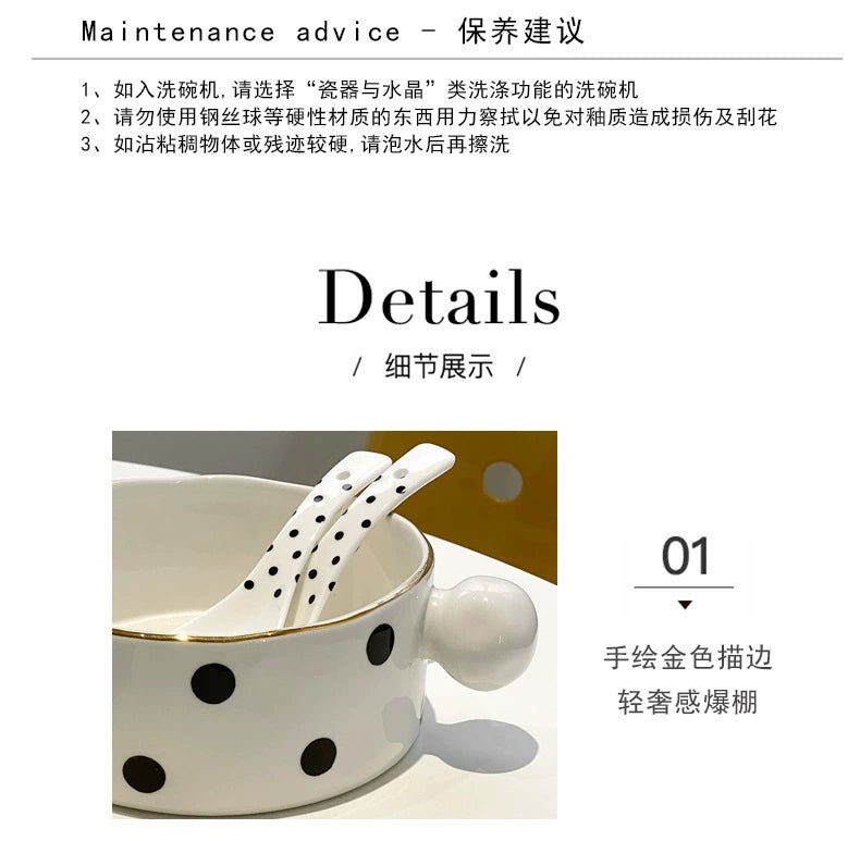 Accessible Luxury Black and White Retro Polka Dot Ceramic Rice Soup Bowl Creative Trending Gold Rim Steak Western Food Rectangular Flat Plate - Julia M LifeStyles