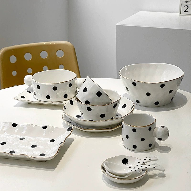 Accessible Luxury Black and White Retro Polka Dot Ceramic Rice Soup Bowl Creative Trending Gold Rim Steak Western Food Rectangular Flat Plate - Julia M LifeStyles