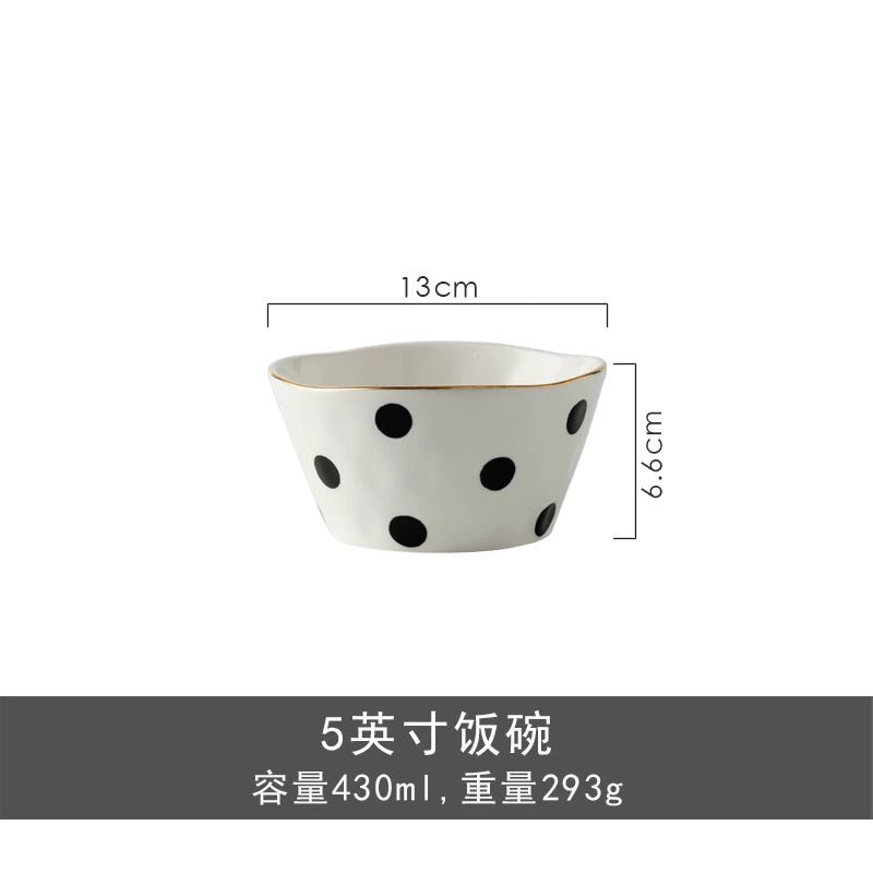 Accessible Luxury Black and White Retro Polka Dot Ceramic Rice Soup Bowl Creative Trending Gold Rim Steak Western Food Rectangular Flat Plate - Julia M LifeStyles