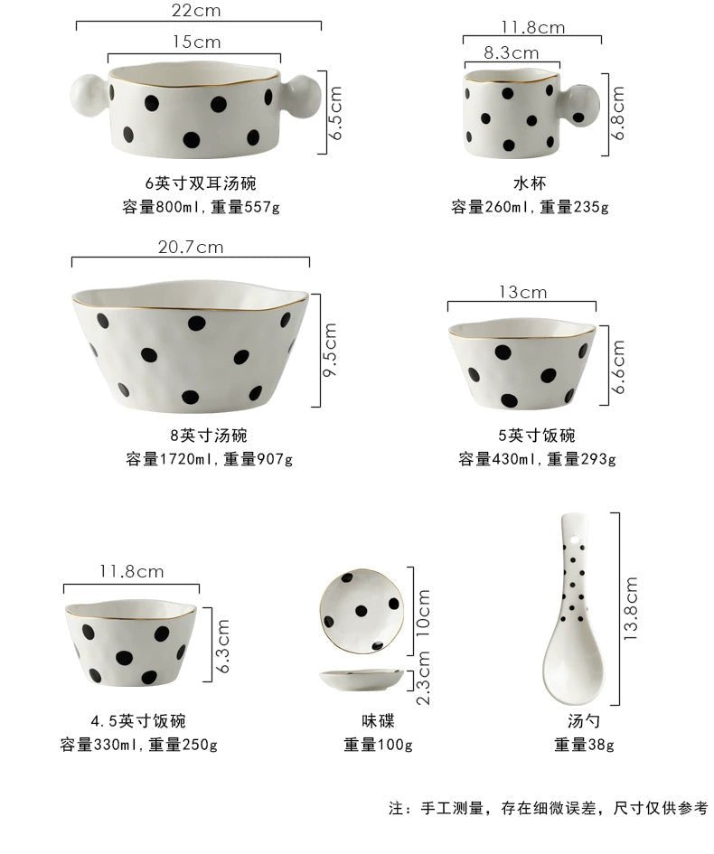 Accessible Luxury Black and White Retro Polka Dot Ceramic Rice Soup Bowl Creative Trending Gold Rim Steak Western Food Rectangular Flat Plate - Julia M LifeStyles