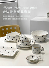 Accessible Luxury Black and White Retro Polka Dot Ceramic Rice Soup Bowl Creative Trending Gold Rim Steak Western Food Rectangular Flat Plate - Julia M LifeStyles