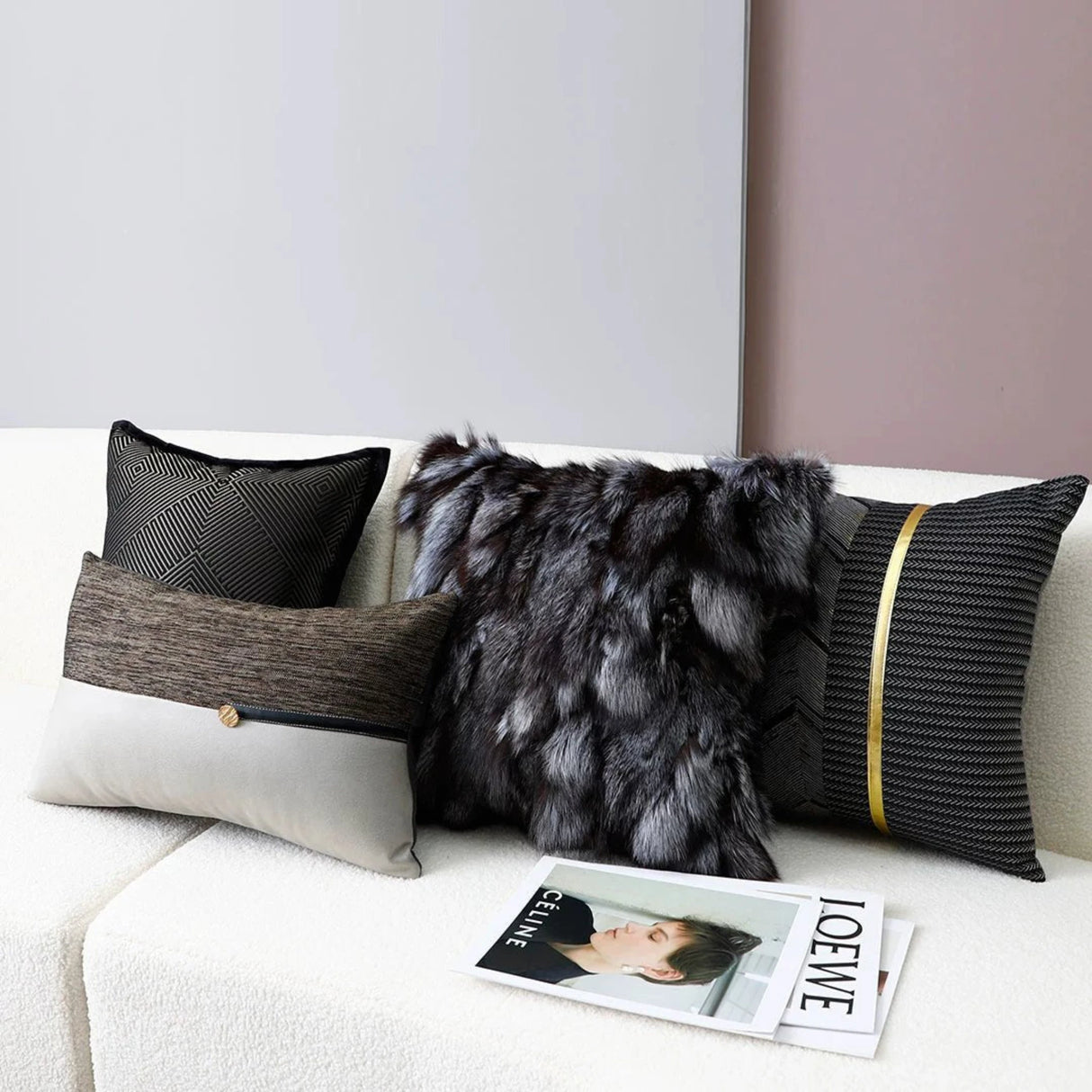 Accessible Luxury Wind Black Pillow Model Room Jacquard Fox Fur Pillow Cover Bed & Breakfast Living Room Sofa Cushion Cover Removable and Washable - Julia M LifeStyles