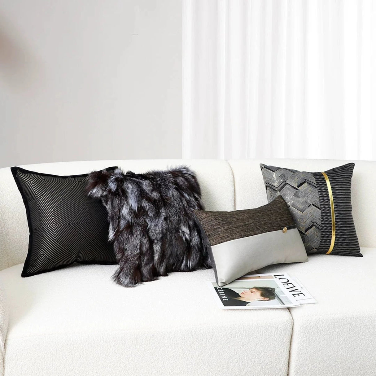 Accessible Luxury Wind Black Pillow Model Room Jacquard Fox Fur Pillow Cover Bed & Breakfast Living Room Sofa Cushion Cover Removable and Washable - Julia M LifeStyles