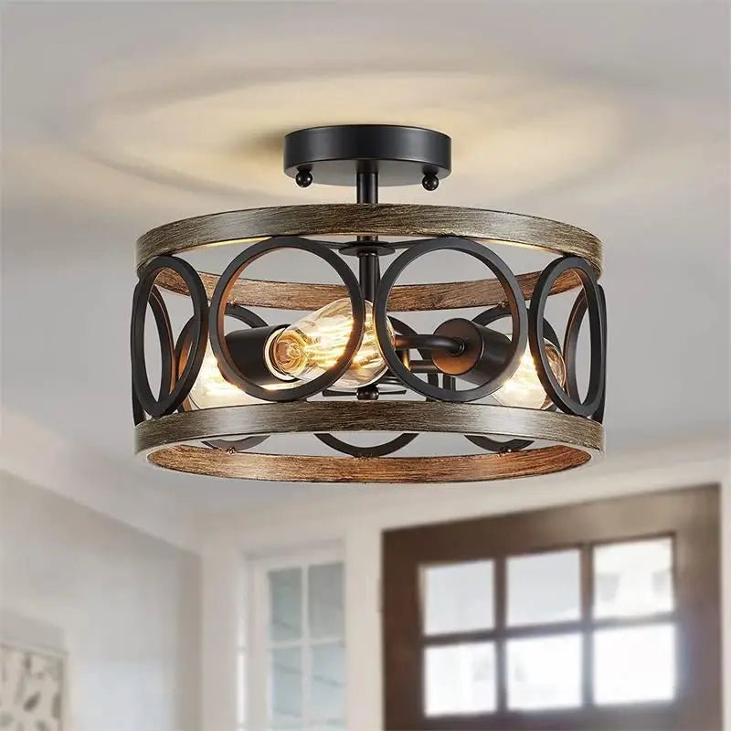 American Industrial Circular Chandelier with Retro Iron Art and Wood Grain - Julia M LifeStyles