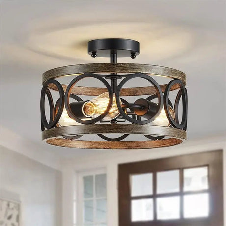 American Industrial Circular Chandelier Farmhouse Retro Iron Art Wood Grain For Restaurant Home Bedroom Ceiling Light Home Decor - Julia M LifeStyles