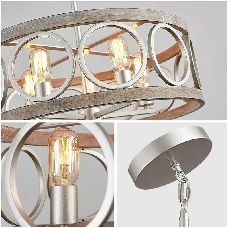 American Industrial Circular Chandelier with Retro Iron Art and Wood Grain - Julia M LifeStyles