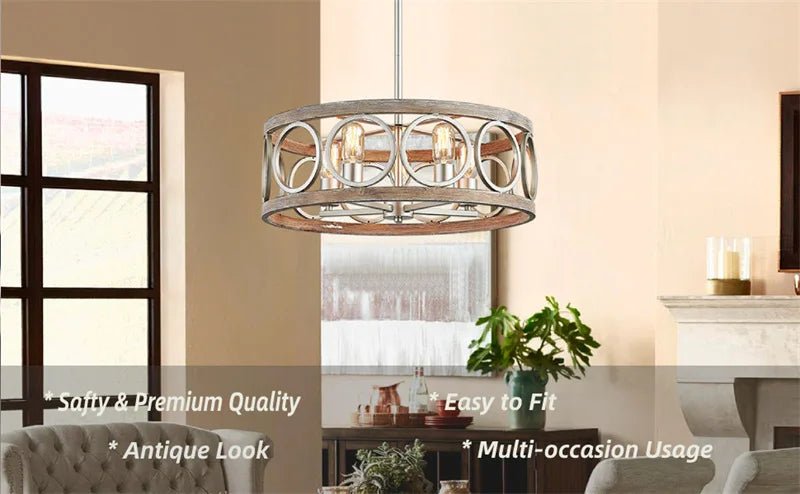 American Industrial Circular Chandelier with Retro Iron Art and Wood Grain - Julia M LifeStyles