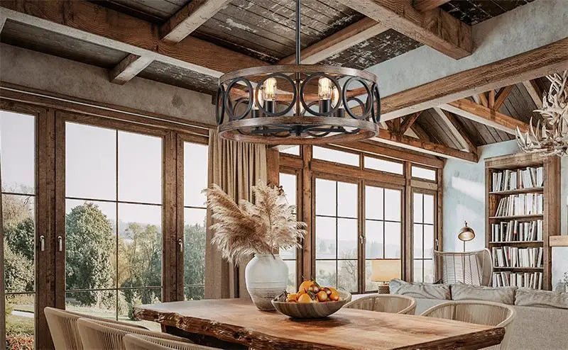 American Industrial Circular Chandelier with Retro Iron Art and Wood Grain - Julia M LifeStyles