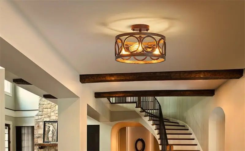 American Industrial Circular Chandelier with Retro Iron Art and Wood Grain - Julia M LifeStyles