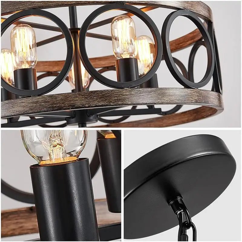 American Industrial Circular Chandelier with Retro Iron Art and Wood Grain - Julia M LifeStyles