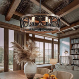 American Industrial Circular Chandelier with Retro Iron Art and Wood Grain - Julia M LifeStyles