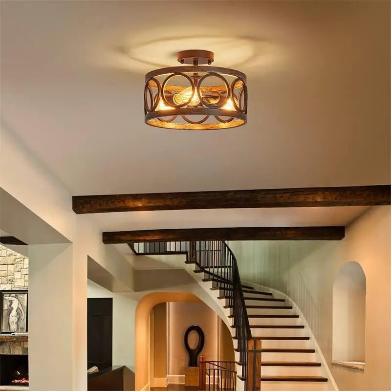 American Industrial Circular Chandelier Farmhouse Retro Iron Art Wood Grain For Restaurant Home Bedroom Ceiling Light Home Decor - Julia M LifeStyles