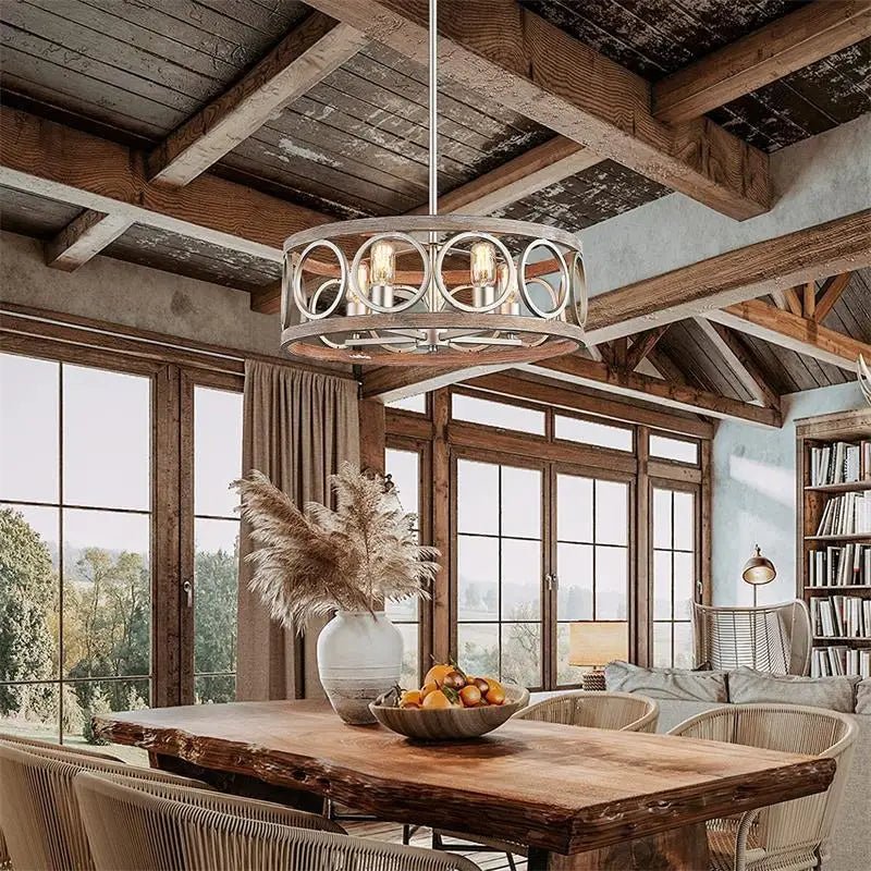 American Industrial Circular Chandelier with Retro Iron Art and Wood Grain - Julia M LifeStyles