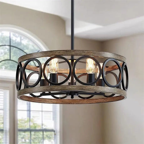 American Industrial Circular Chandelier Farmhouse Retro Iron Art Wood Grain For Restaurant Home Bedroom Ceiling Light Home Decor - Julia M LifeStyles