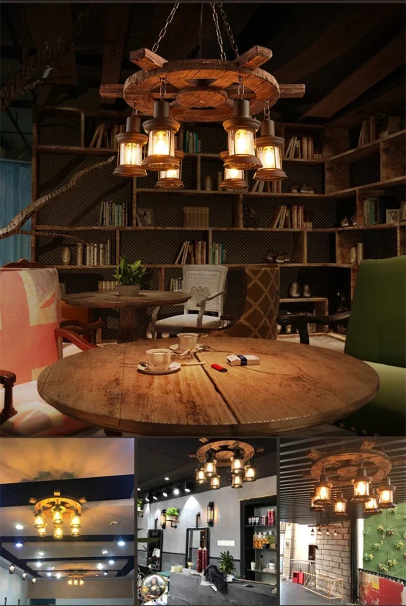 American Retro Industrial Style Chandelier Glass Solid Wood Iron Restaurant Bar Coffee Shop Boat Wood Decoration Pendent Lamp - Julia M LifeStyles