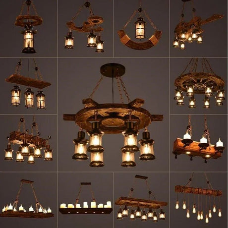 American Retro Industrial Style Chandelier Glass Solid Wood Iron Restaurant Bar Coffee Shop Boat Wood Decoration Pendent Lamp - Julia M LifeStyles