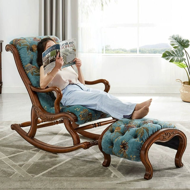 American Solid Wood Rocking Chair Balcony Casual Lunch Break Recliner Fabric Genuine Leather Simple Leisure Chair Living Room Adult Couch - Julia M LifeStyles