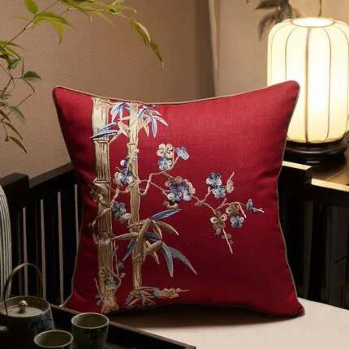 Bamboo Plum Bossom Embroidered Cushion Cover - Julia M LifeStyles