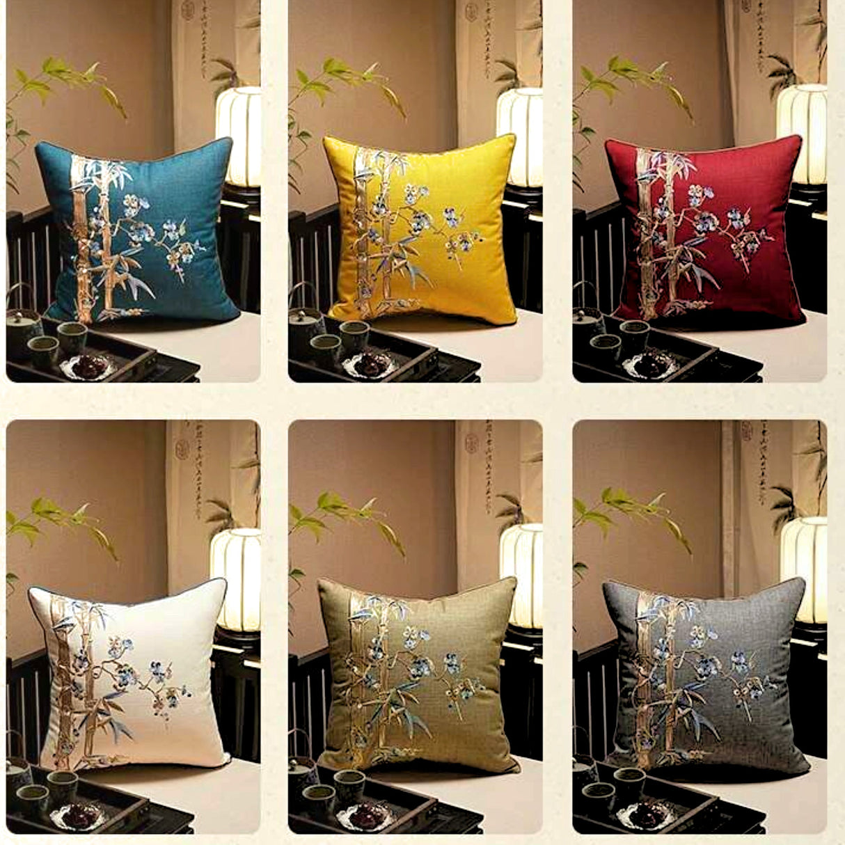 Bamboo Plum Bossom Embroidered Cushion Cover - Julia M LifeStyles