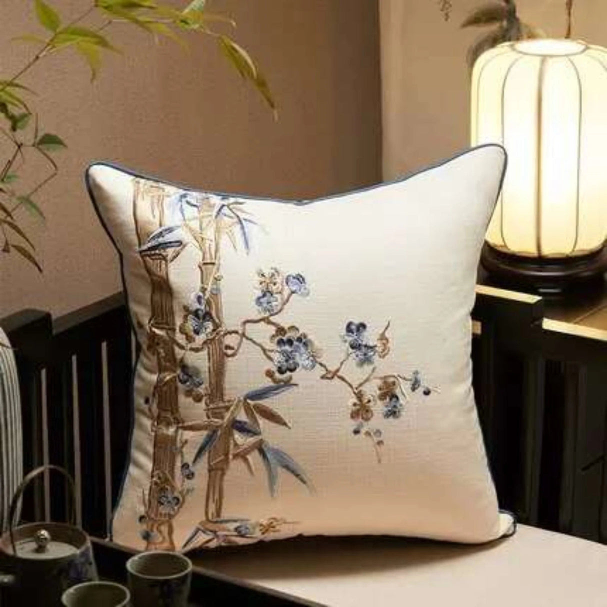 Bamboo Plum Bossom Embroidered Cushion Cover - Julia M LifeStyles