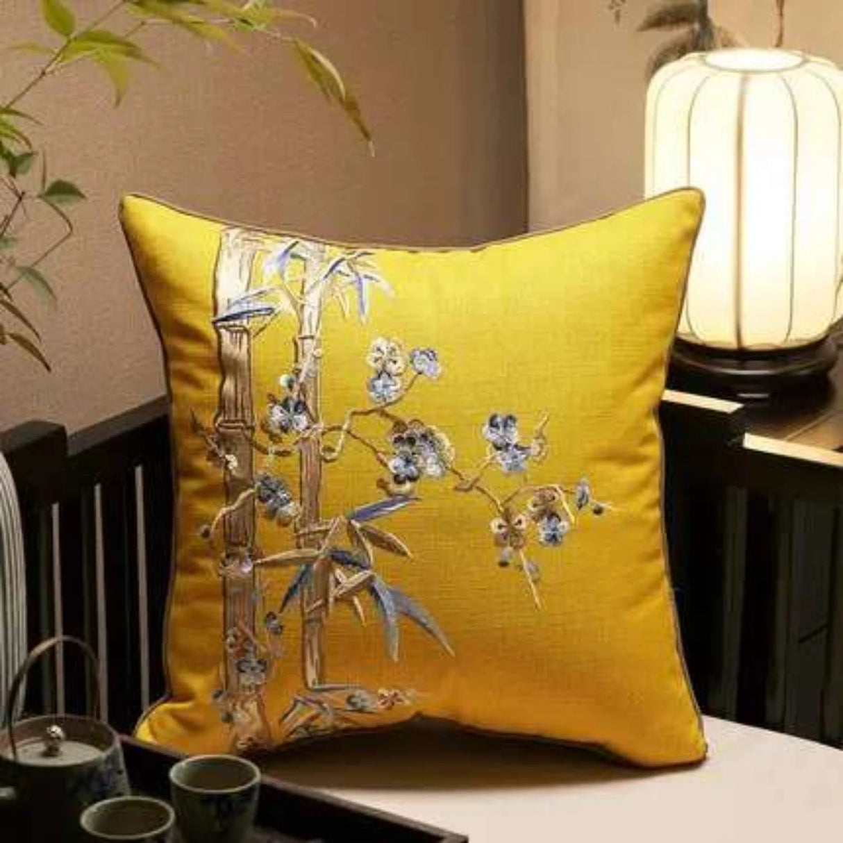 Bamboo Plum Bossom Embroidered Cushion Cover - Julia M LifeStyles