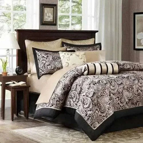 Black Paisley 12-Piece Comforter Set with Cotton Bed Sheets quilts & comforters Julia M Home & Kitchen   