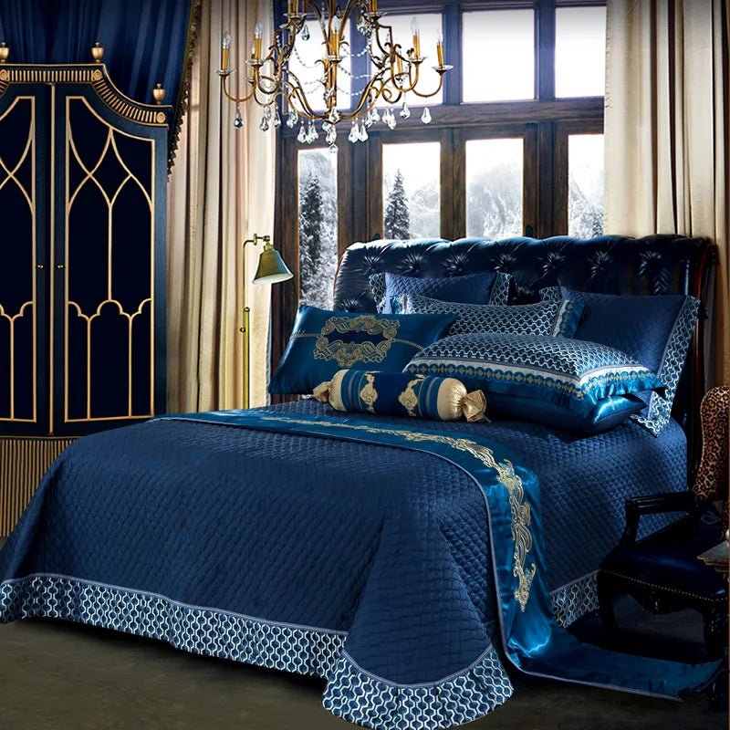 Blue Black Silk Satin Luxury Royal Bedding set Queen King size Bed set Bed/Flat sheet Bed spread set Pillowcase Duvet cover - Julia M LifeStyles