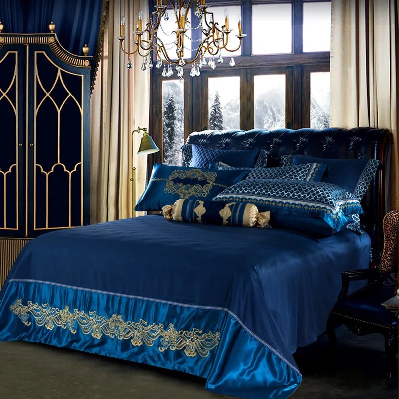 Blue Black Silk Satin Luxury Royal Bedding set Queen King size Bed set Bed/Flat sheet Bed spread set Pillowcase Duvet cover - Julia M LifeStyles