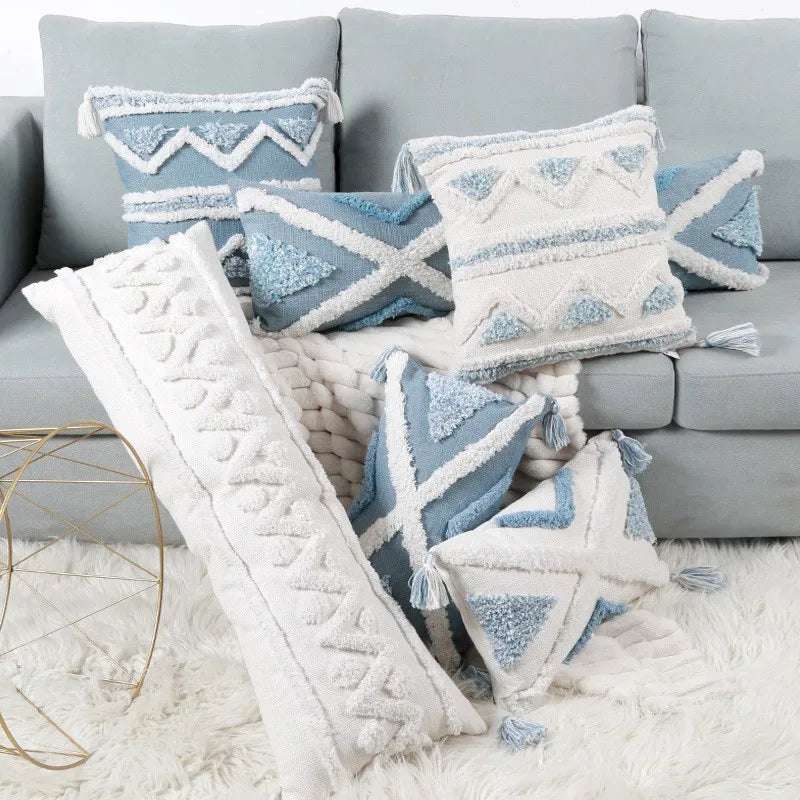 Blue Geometric Tufted Bohemian Pillow Covers Tassels Lengthen Bedroom Sofa Pillow Case For Living Room Sofa Home Decoration - Julia M LifeStyles