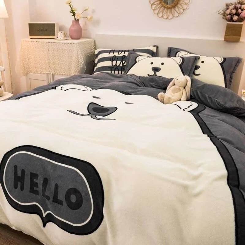 Cartoon Big White Bear Thick Winter Fleece Bedding Set - Julia M LifeStyles