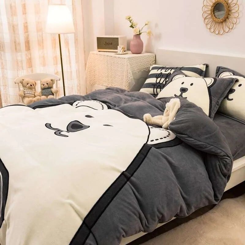 Cartoon Big White Bear Thick Winter Fleece Bedding Set - Julia M LifeStyles