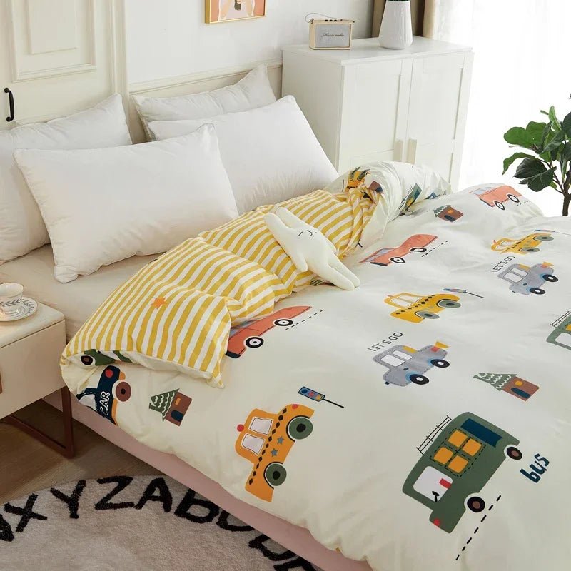 Cartoon Cars Duvet Cover Queen Size 100% Cotton Reversible Bedding for Kids Teens Boys, Car Bus Yellow Striped Comforter Cover - Julia M LifeStyles