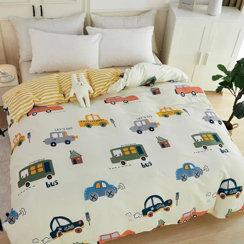 Cartoon Cars Duvet Cover Queen Size 100% Cotton Reversible Bedding for Kids Teens Boys, Car Bus Yellow Striped Comforter Cover - Julia M LifeStyles