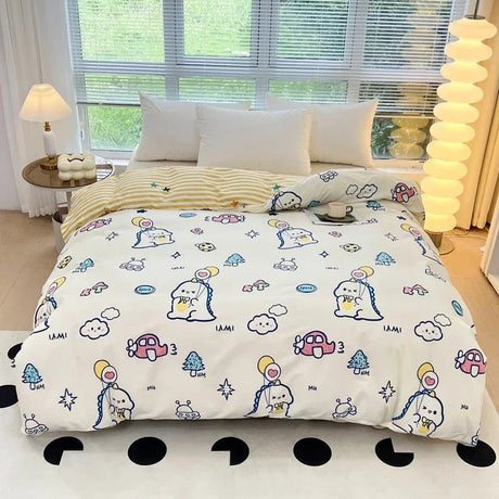 Cartoon Cars Duvet Cover Queen Size 100% Cotton Reversible Bedding for Kids Teens Boys, Car Bus Yellow Striped Comforter Cover - Julia M LifeStyles