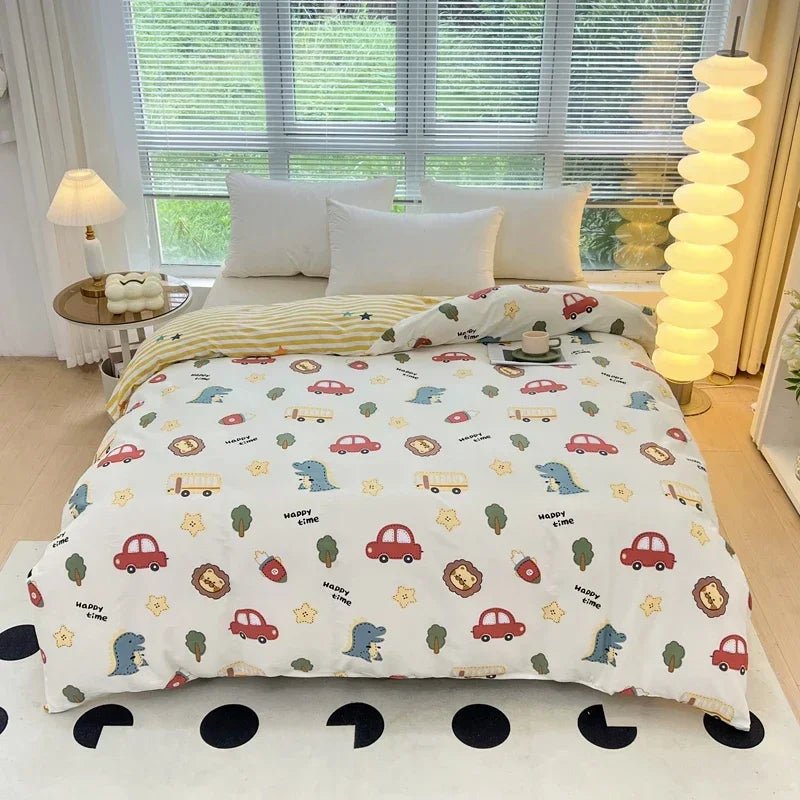 Cartoon Cars Duvet Cover Queen Size 100% Cotton Reversible Bedding for Kids Teens Boys, Car Bus Yellow Striped Comforter Cover - Julia M LifeStyles