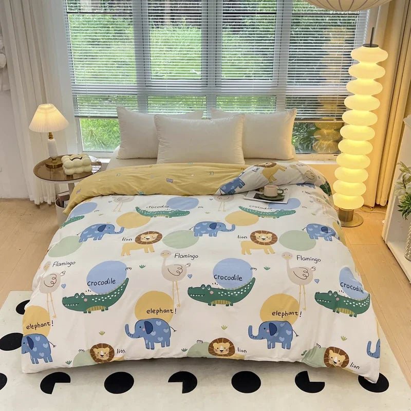 Cartoon Cars Duvet Cover Queen Size 100% Cotton Reversible Bedding for Kids Teens Boys, Car Bus Yellow Striped Comforter Cover - Julia M LifeStyles