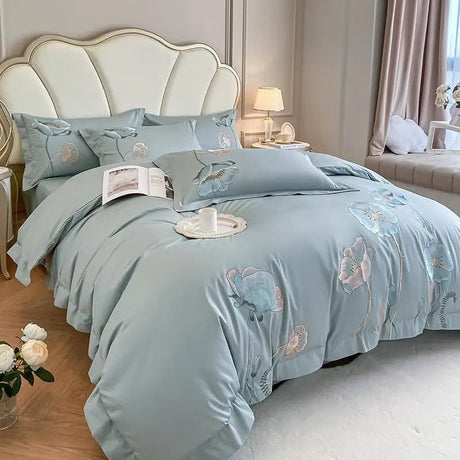 Chic Embroidery Blooming Beige Duvet Cover set 100%Cotton Soft Comfy Beddng set Bed Sheet Pillowcases Double Queen King 4Pcs - Julia M LifeStyles