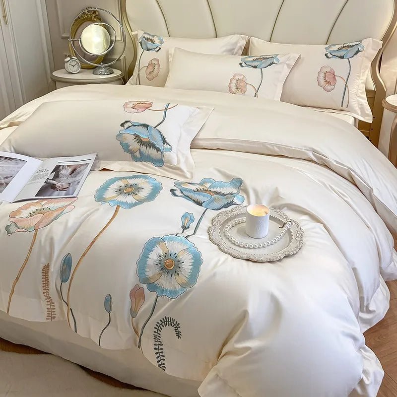 Chic Embroidery Blooming Beige Duvet Cover set 100%Cotton Soft Comfy Beddng set Bed Sheet Pillowcases Double Queen King 4Pcs - Julia M LifeStyles