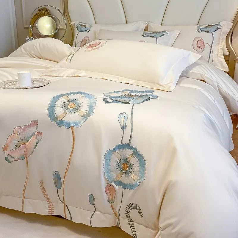 Chic Embroidery Blooming Beige Duvet Cover set 100%Cotton Soft Comfy Beddng set Bed Sheet Pillowcases Double Queen King 4Pcs - Julia M LifeStyles