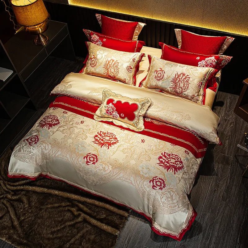 Chic Red Satin Jacquard Deluxe Bedding Set - Super King Size - Julia M LifeStyles