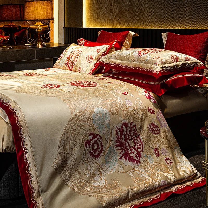 Chic Red Satin Jacquard Deluxe Bedding Set - Super King Size - Julia M LifeStyles