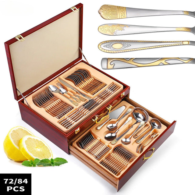 Christmas Tableware Set 72/84 - piece Cutlery Set Gold - plated Crown Stainless Steel Knife Fork Spoon Gift Box - Julia M LifeStyles