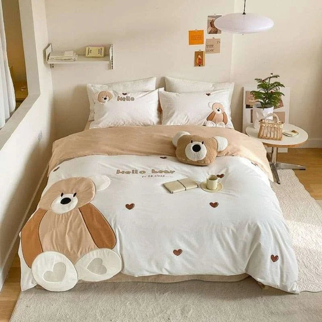 Cute Cartoon Bear Applique Washed Cotton Child Bedding Set - Julia M LifeStyles