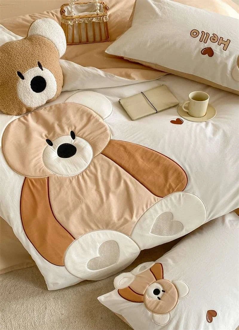 Cute Cartoon Bear Applique Washed Cotton Child Bedding Set - Julia M LifeStyles