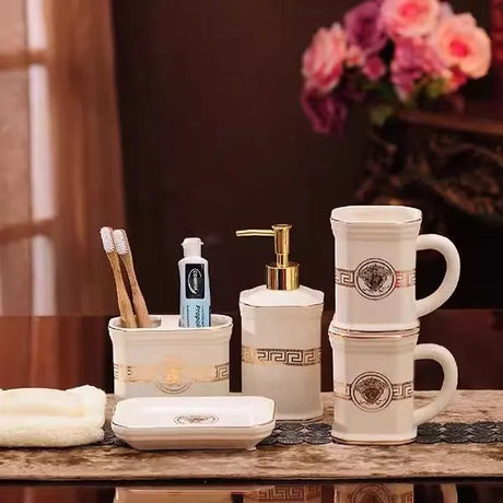 Elegant Black/White Ceramic Bathroom Set: Dispenser, Cup, Holder & More - Julia M LifeStyles