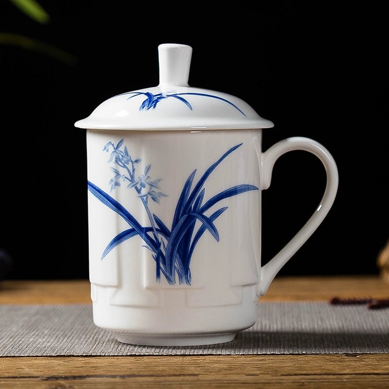 Elegant Blue and White Porcelain Cup with Lid for Tea Brewing - Julia M LifeStyles