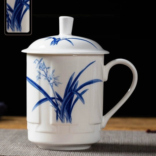 Elegant Blue and White Porcelain Cup with Lid for Tea Brewing - Julia M LifeStyles