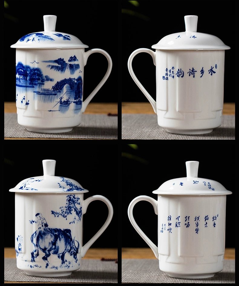 Elegant Blue and White Porcelain Cup with Lid for Tea Brewing - Julia M LifeStyles