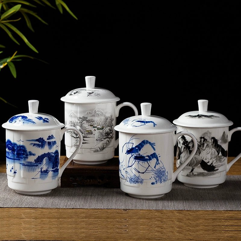 Elegant Blue and White Porcelain Cup with Lid for Tea Brewing - Julia M LifeStyles