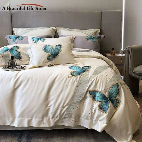 Elegant Blue Butterfly Embroidered Egyptian Cotton Bedding Set - Julia M LifeStyles